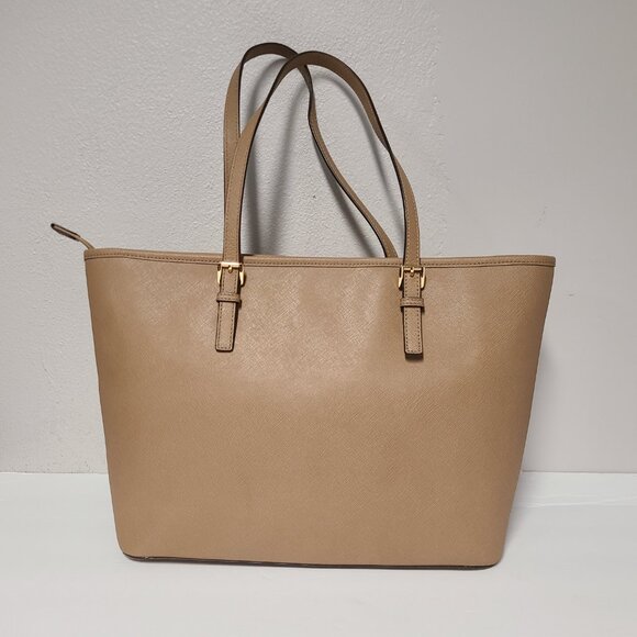 Michael Kors Large Jet Set Saffiano Leather Tote Handbag Purse Brown Top Zip - Picture 4 of 9
